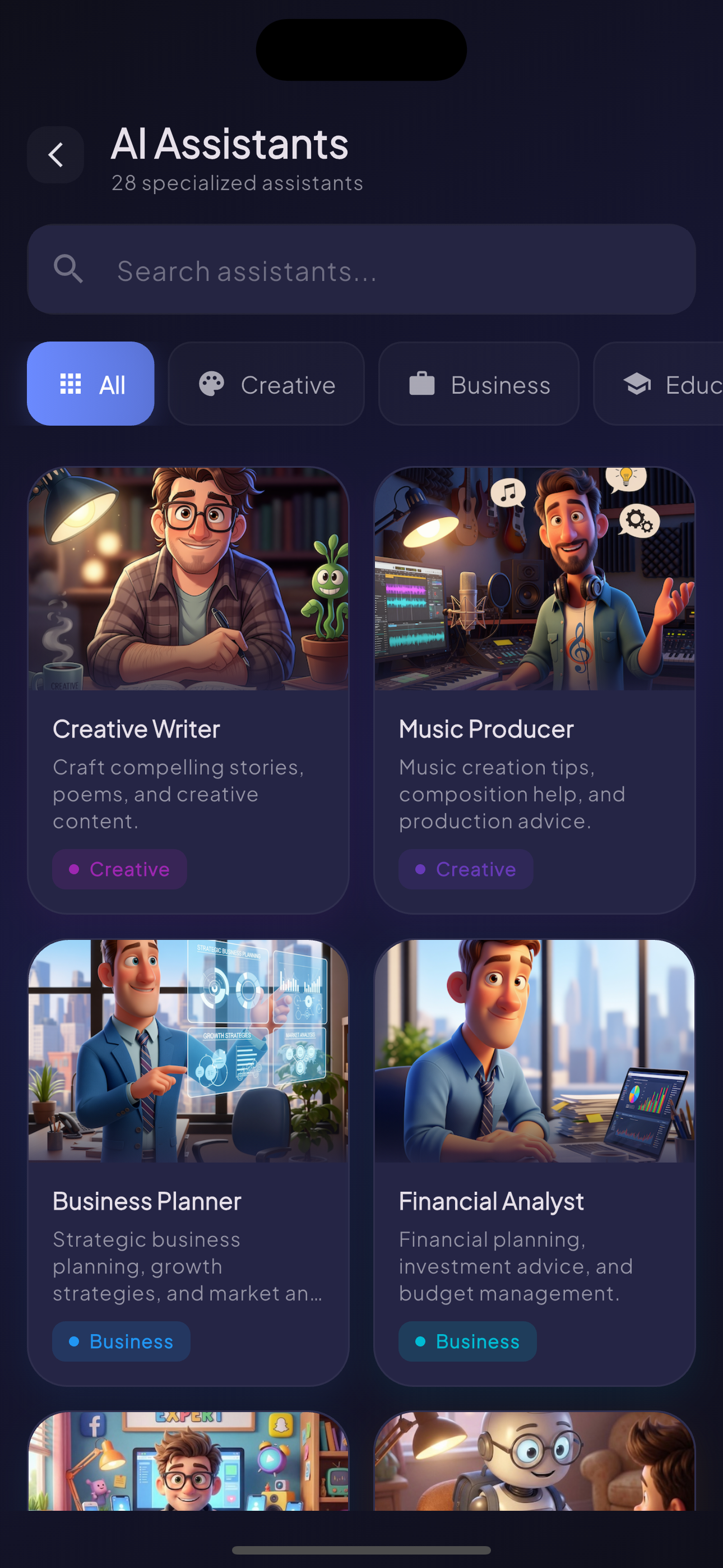 AI assistants gallery with specialized helpers for productivity, coding and writing