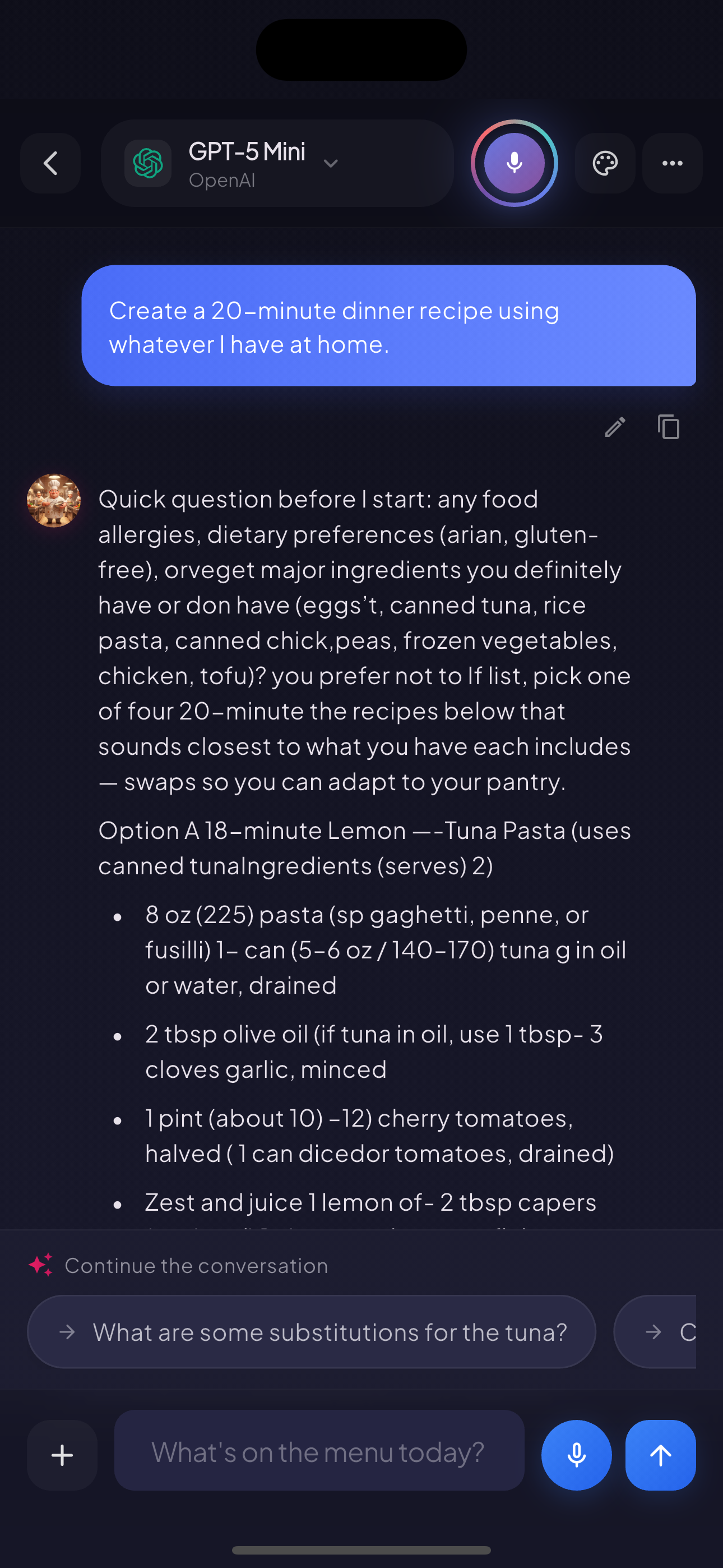 AI chat conversation with detailed recipe suggestions and smart follow-ups