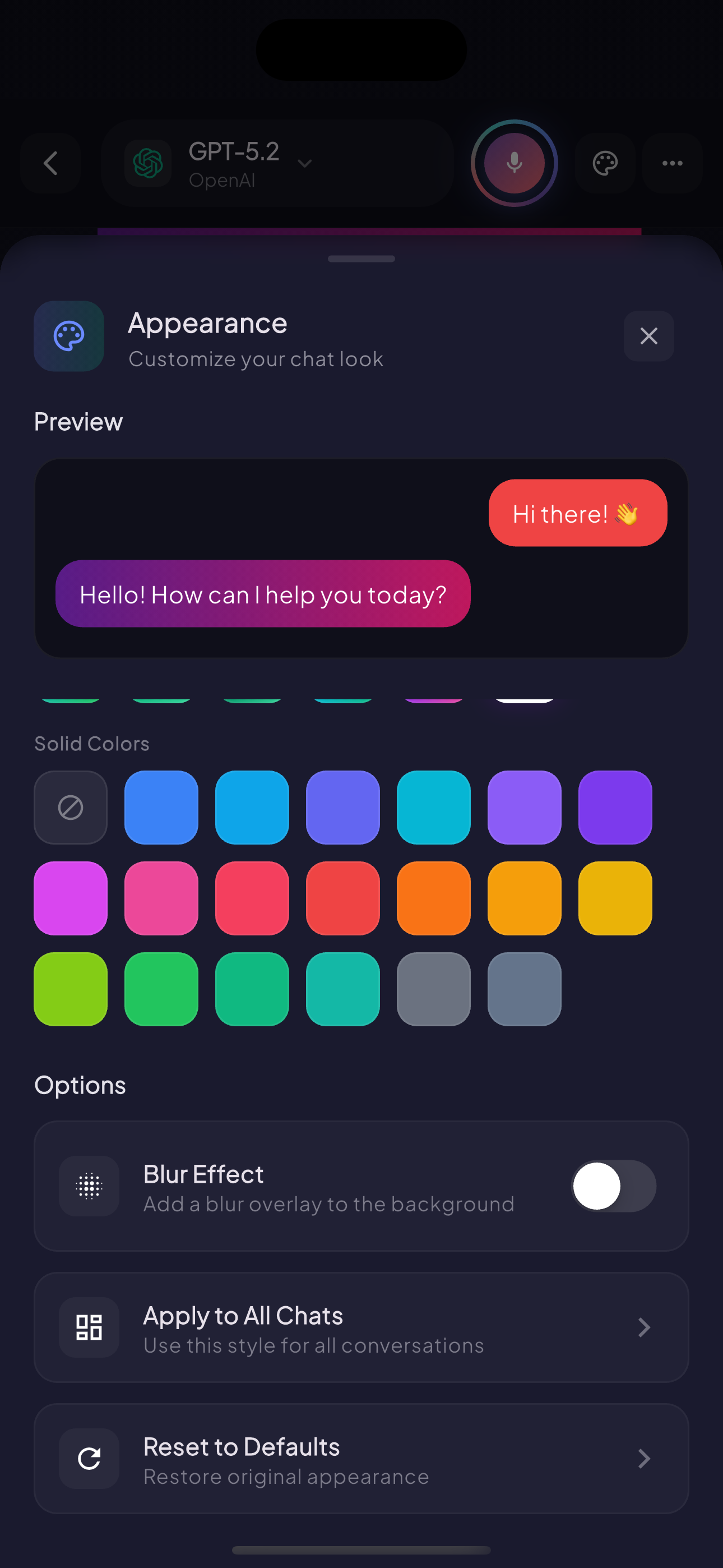 Appearance customization with color themes and chat styling options