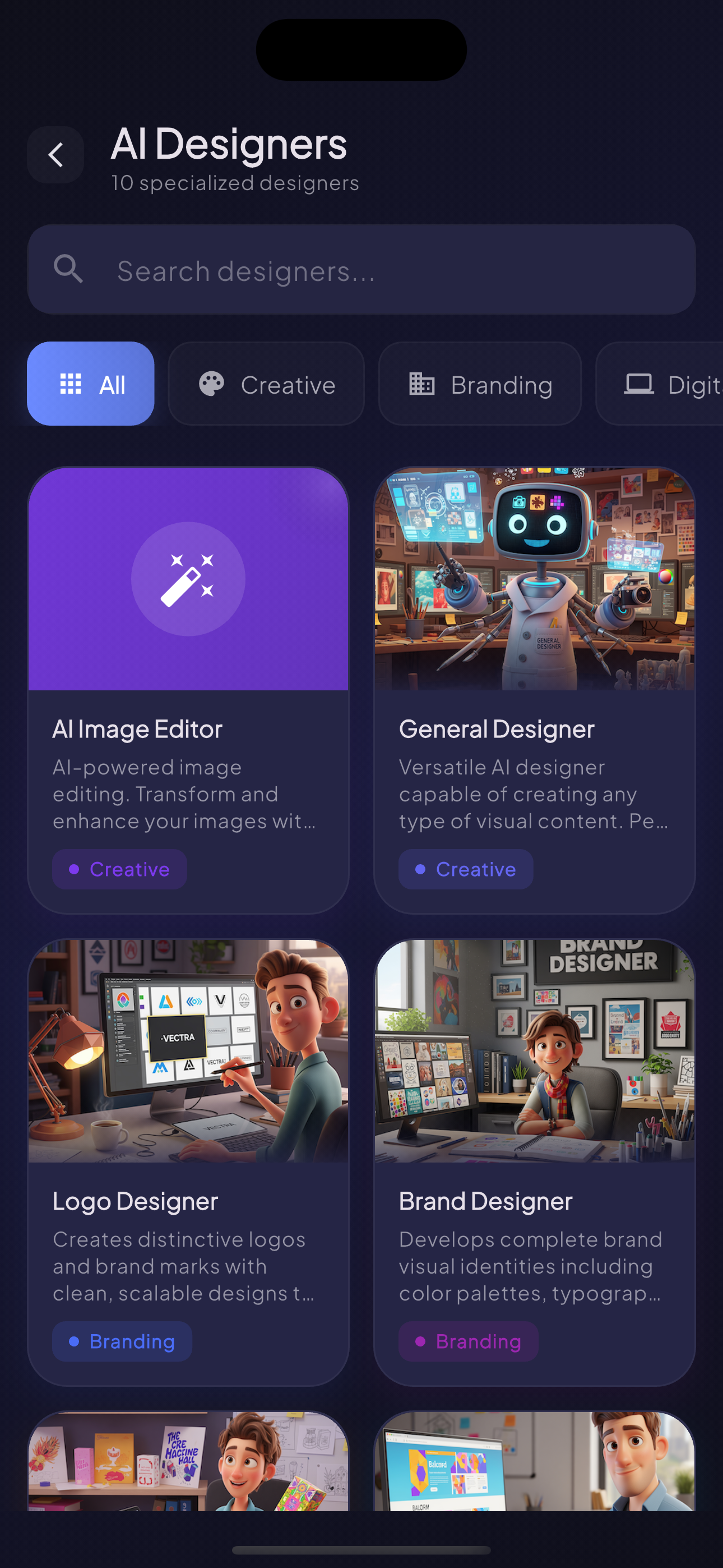 AI designers gallery with specialized tools for logos, branding and digital art