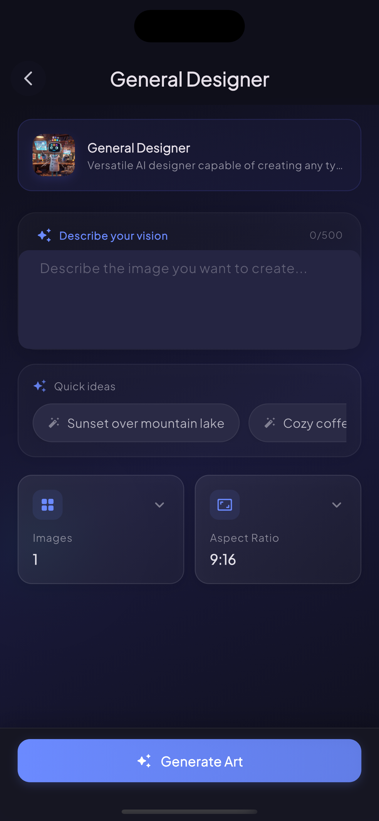 AI image generation with General Designer prompt and quick ideas